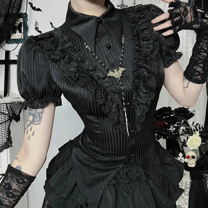 Goth Dark Kawaii Black Short Sleeve Buttons Shirt Lace-up Blouses Mall Gothic Slim Lapel Collar Stripe Shirts Women Alt Techwear Coven Couture Collective