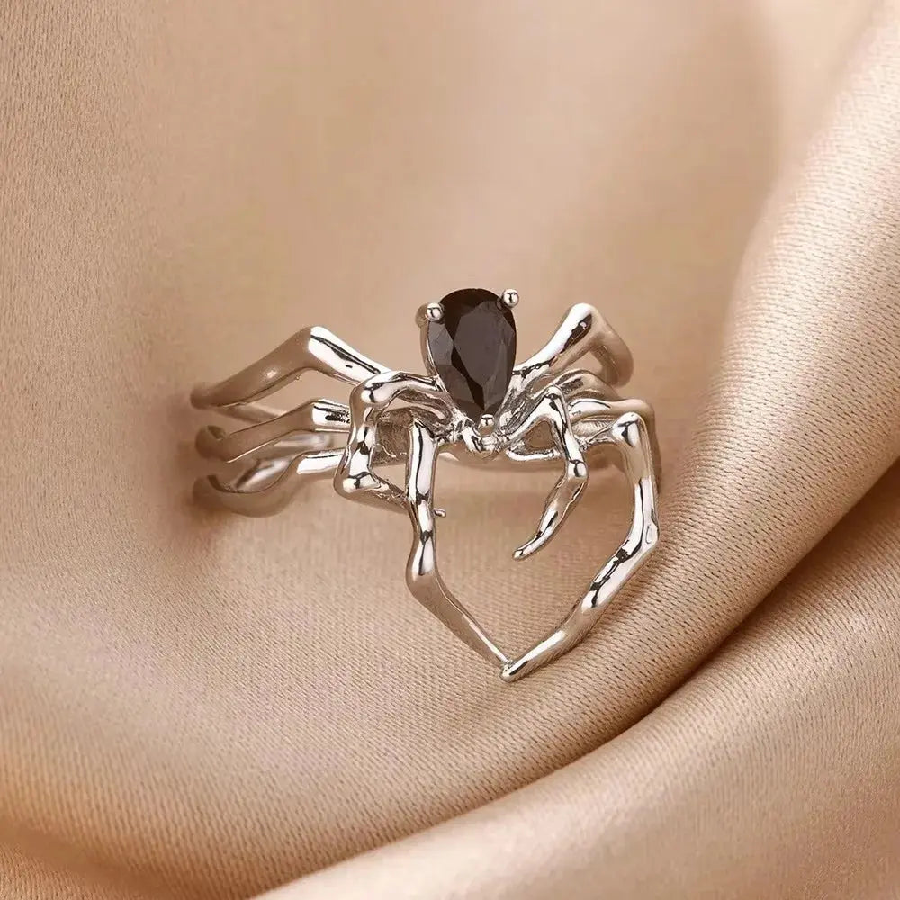 Punk Spider Rings for Women Silver Color Dark Retro Black Gem Spider Ring Hip-Hop Halloween Jewelry Accessories Coven Couture Collective