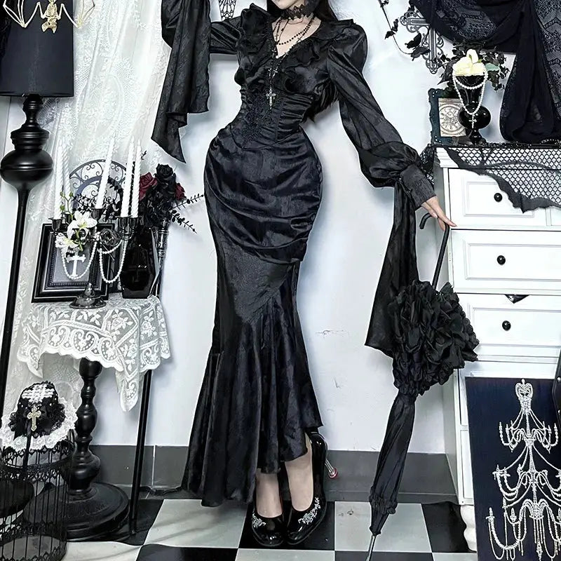 AltGoth Vintage Gothic Black Shirts Women Palace Style Streetwear Y2k E-girl Harajuku V-neck Ruffle Long Sleeve Bluose Cosplay Coven Couture Collective