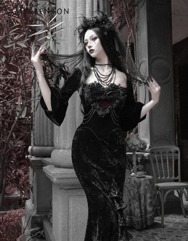 Blood Supply Original Retro Palace Style Goth Velvet Tube Top Dress Mermaid Dress Halloween Winter Subculture Sexy Hot Girl Sets Coven Couture Collective