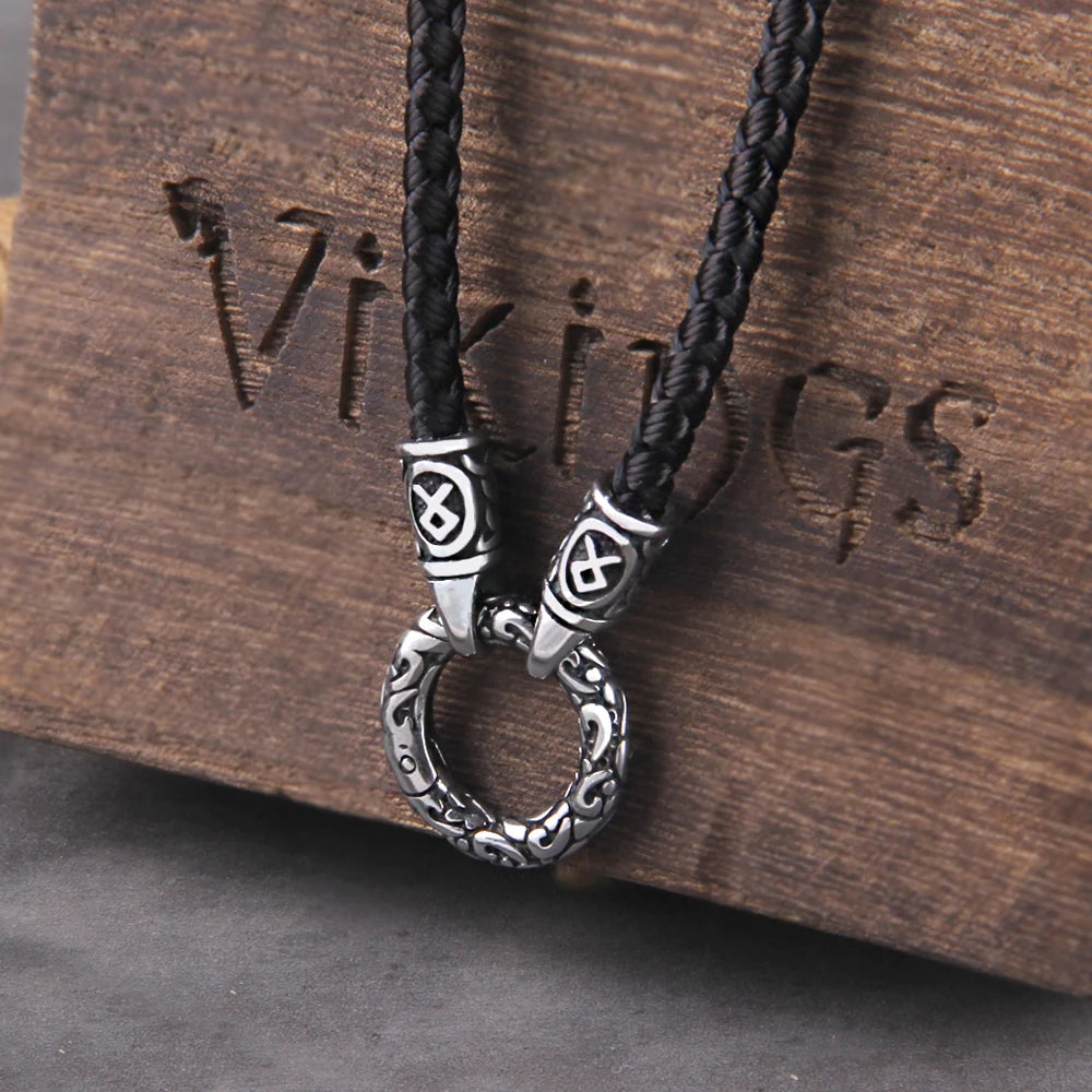 Nordic Viking Rune Pendant Necklace with Open round Clasp Stainless Steel Chain for Men Wood Box Included Coven Couture Collective