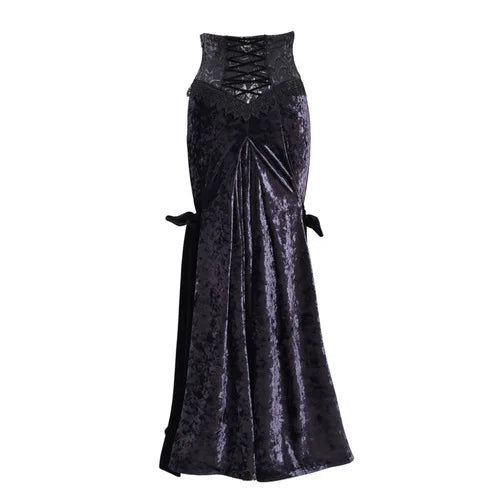 Blood Supply New Purple Velvet Slim-fit Lace-up Fishtail Skirt Gothic Lace Party Halloween Trumpet Long Skirt for Women 2023 Coven Couture Collective
