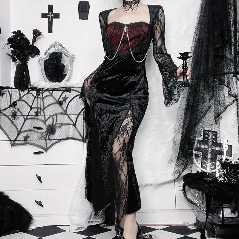 Goth Dark Elegant Mall Gothic Women Evening Dresses Grunge Aesthetic E-girl Velvet Midi Dress Lace Splice Sexy Split Alt Outfits Coven Couture Collective