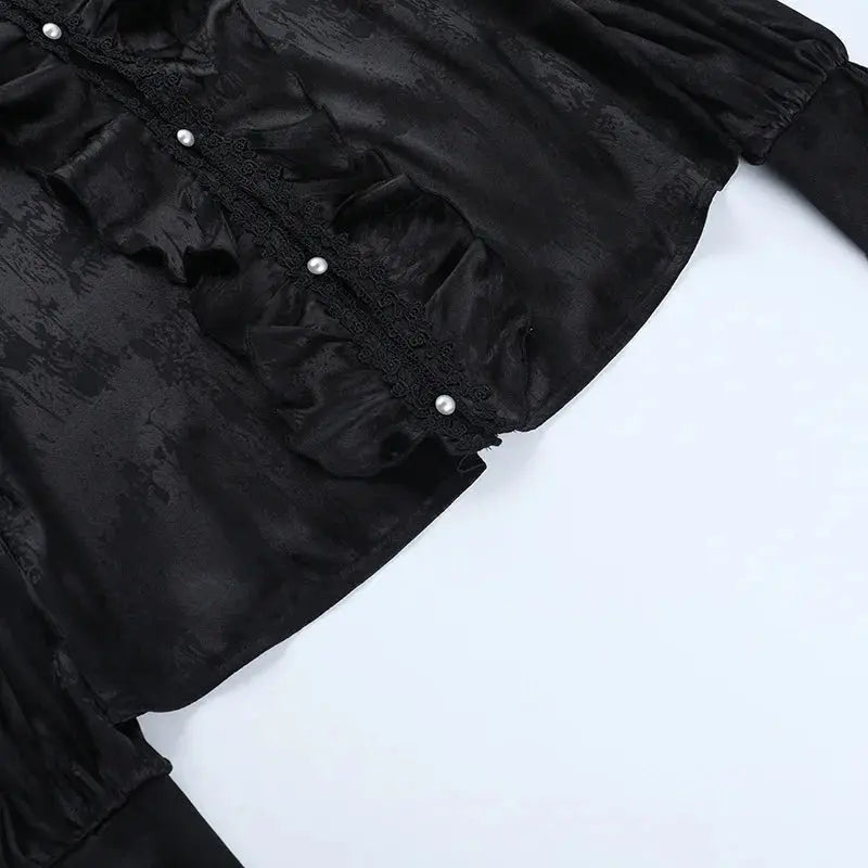 AltGoth Vintage Gothic Black Shirts Women Palace Style Streetwear Y2k E-girl Harajuku V-neck Ruffle Long Sleeve Bluose Cosplay Coven Couture Collective
