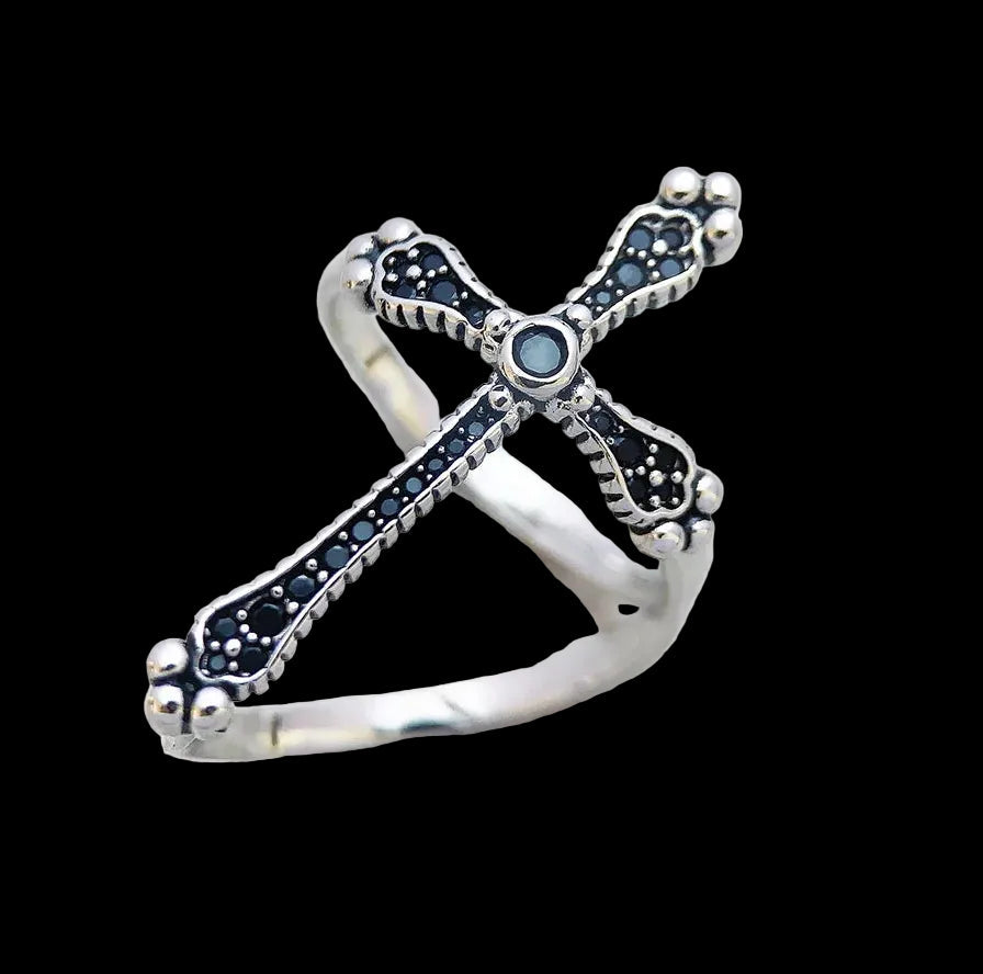 Victorian Royalty Cross Ring with Black Stones for Women 925 Sterling Silver Vintage Jewellery Coven Couture Collective