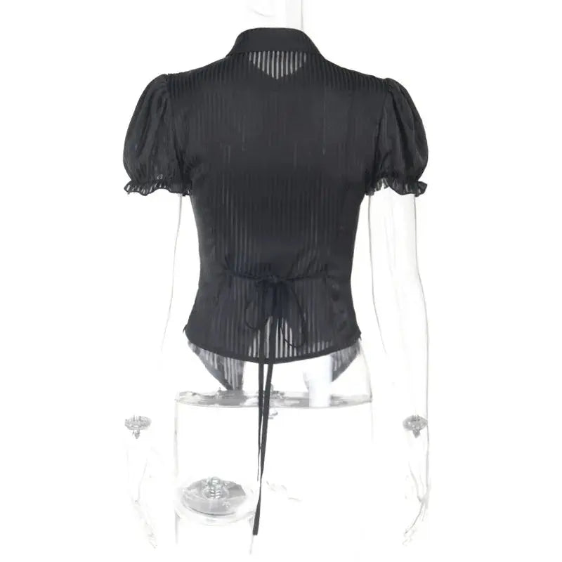 Goth Dark Kawaii Black Short Sleeve Buttons Shirt Lace-up Blouses Mall Gothic Slim Lapel Collar Stripe Shirts Women Alt Techwear Coven Couture Collective