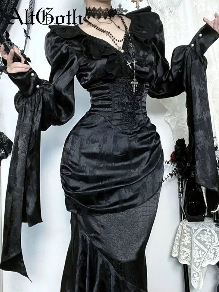 AltGoth Vintage Gothic Black Shirts Women Palace Style Streetwear Y2k E-girl Harajuku V-neck Ruffle Long Sleeve Bluose Cosplay Coven Couture Collective