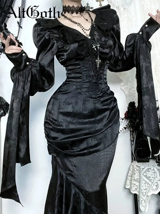 AltGoth Vintage Gothic Black Shirts Women Palace Style Streetwear Y2k E-girl Harajuku V-neck Ruffle Long Sleeve Bluose Cosplay Coven Couture Collective