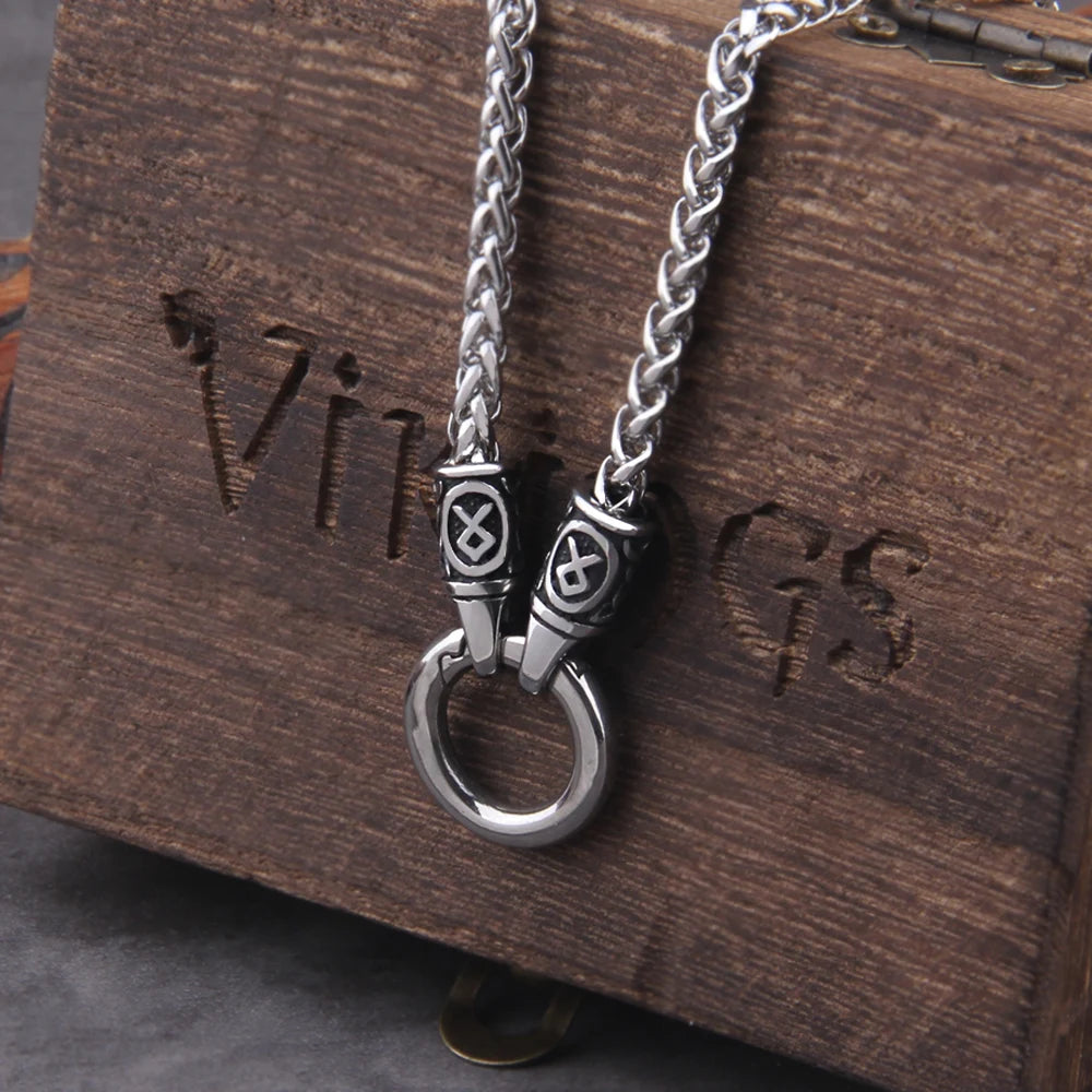 Nordic Viking Rune Pendant Necklace with Open round Clasp Stainless Steel Chain for Men Wood Box Included Coven Couture Collective