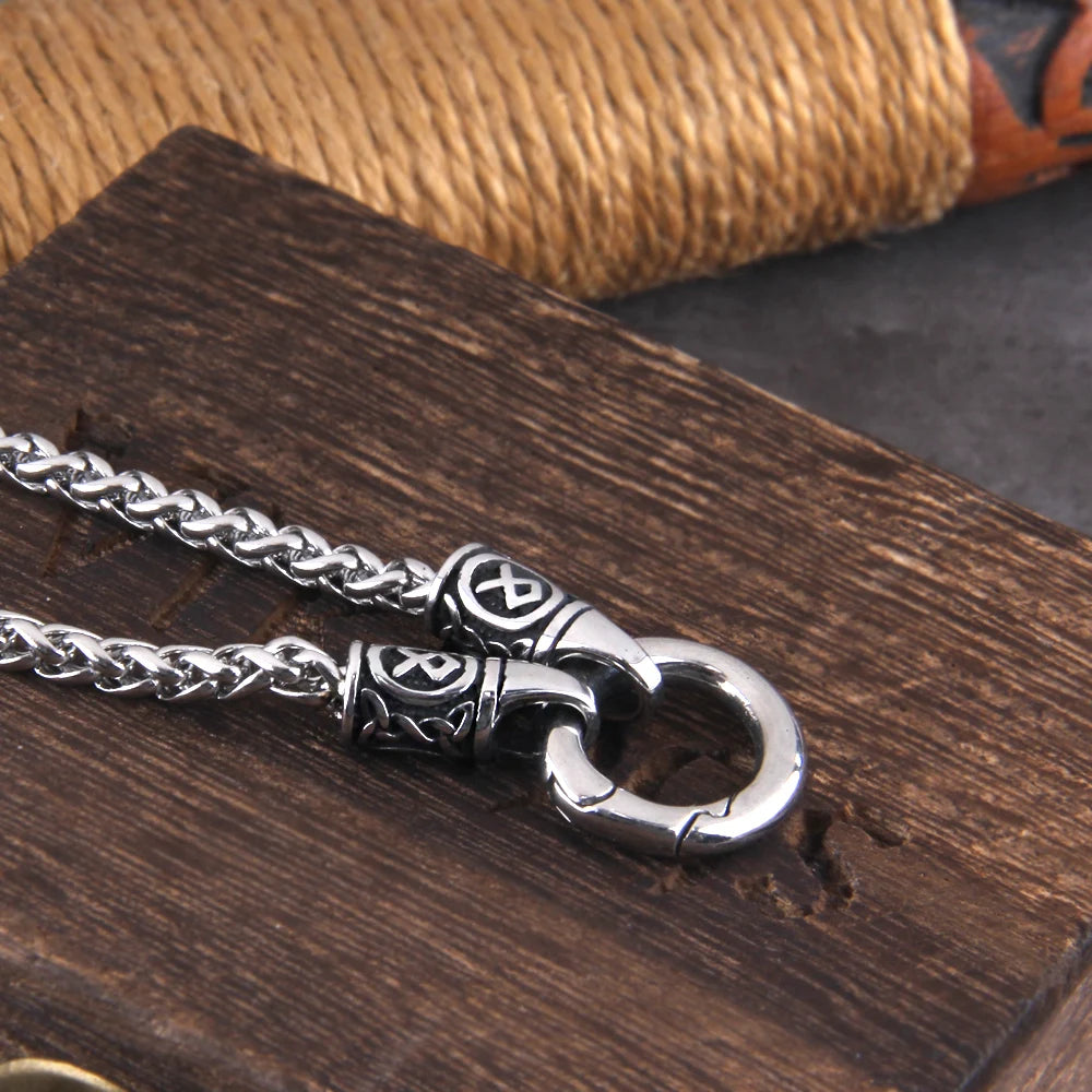 Nordic Viking Rune Pendant Necklace with Open round Clasp Stainless Steel Chain for Men Wood Box Included Coven Couture Collective