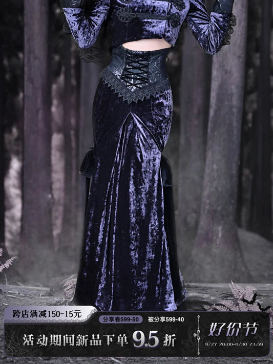 Blood Supply New Purple Velvet Slim-fit Lace-up Fishtail Skirt Gothic Lace Party Halloween Trumpet Long Skirt for Women 2023 Coven Couture Collective