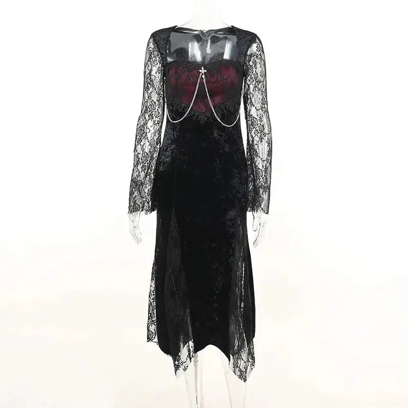 Goth Dark Elegant Mall Gothic Women Evening Dresses Grunge Aesthetic E-girl Velvet Midi Dress Lace Splice Sexy Split Alt Outfits Coven Couture Collective