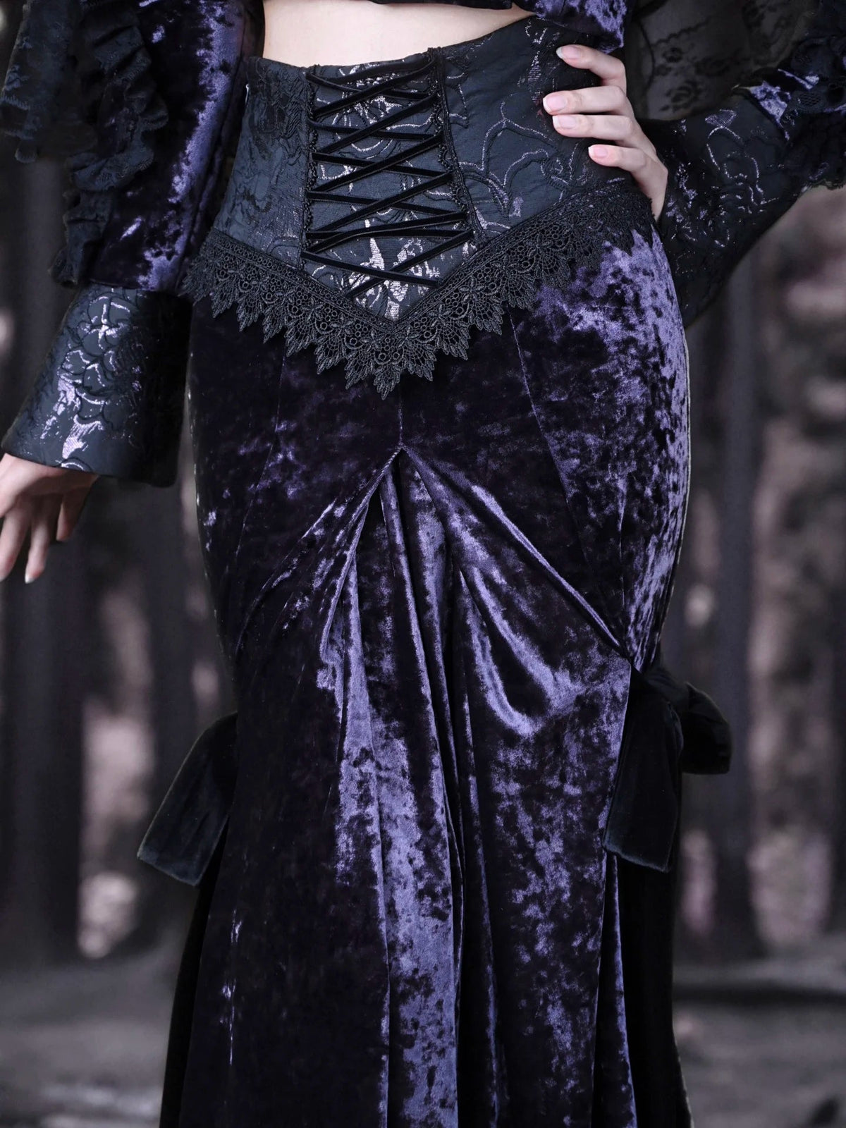 Blood Supply New Purple Velvet Slim-fit Lace-up Fishtail Skirt Gothic Lace Party Halloween Trumpet Long Skirt for Women 2023 Coven Couture Collective