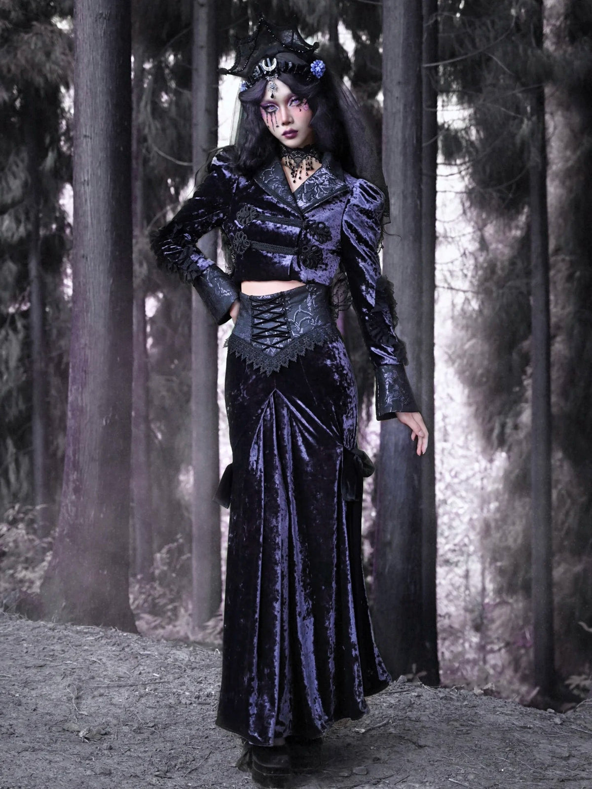 Blood Supply New Purple Velvet Slim-fit Lace-up Fishtail Skirt Gothic Lace Party Halloween Trumpet Long Skirt for Women 2023 Coven Couture Collective