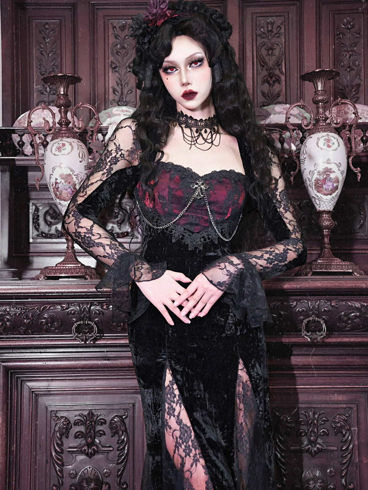 Blood Supply Original Gothic Black Velvet Dress Lace Full Sleeve Square Collar Mesh Red Halloween Slim Velvet Trumpet Dresses Coven Couture Collective