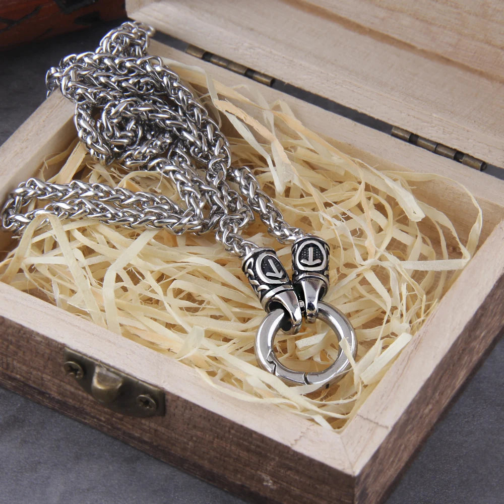 Nordic Viking Rune Pendant Necklace with Open round Clasp Stainless Steel Chain for Men Wood Box Included Coven Couture Collective