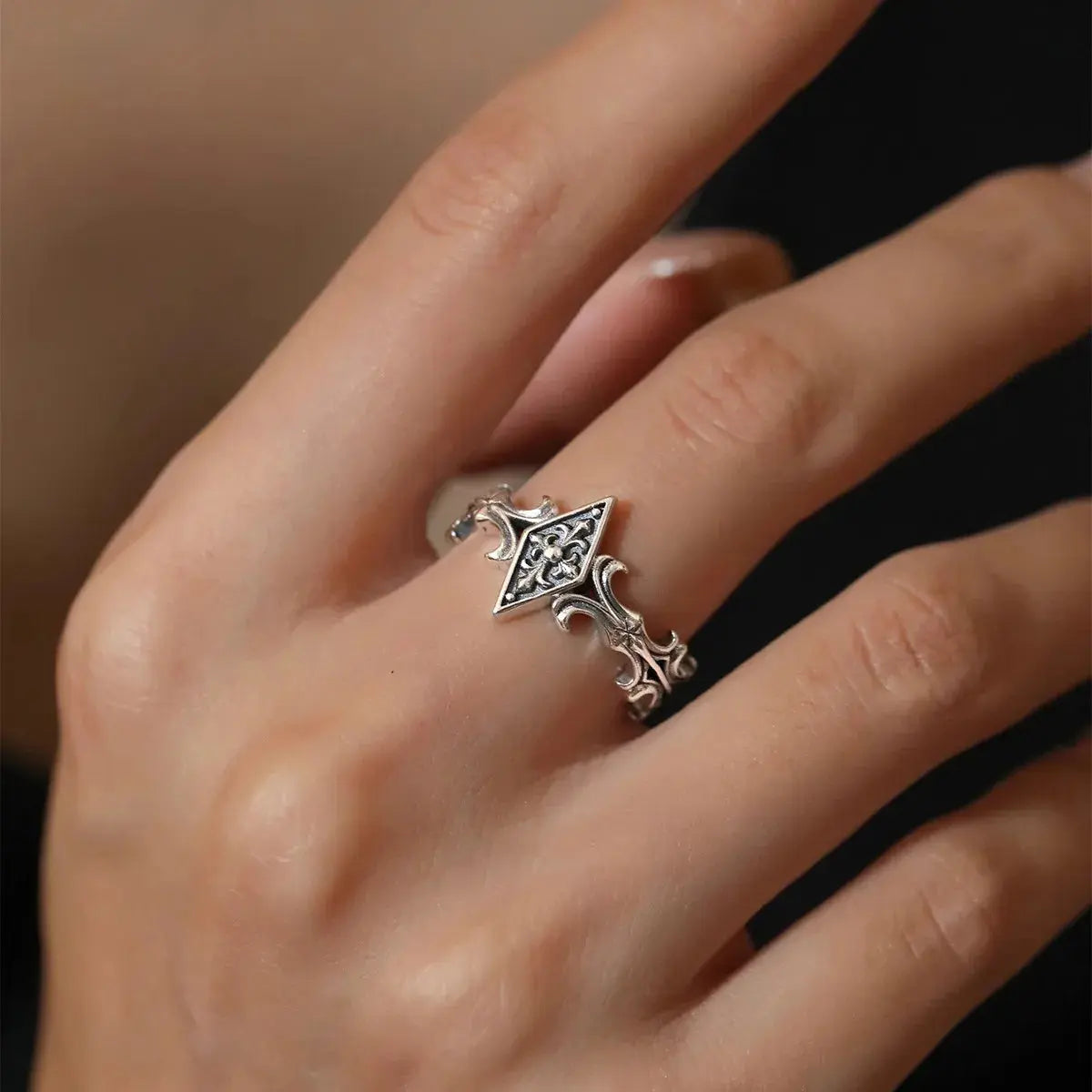 Retro Iris Cross Rhombus Adjustable Open Ring For Men Silver-plated Copper Gothic Punk Edgy Jewelry Unisex Accessories Cool Gift Coven Couture Collective
