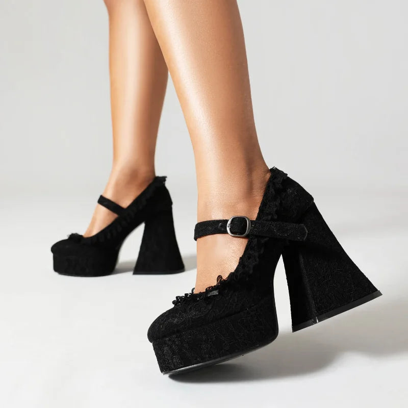 Waterproof Platform High Heels with Thick Sole Mary Jane Flats Elegant Lace Edged Single Shoes for Adults Pointed Toe Patchwork Design Coven Couture Collective