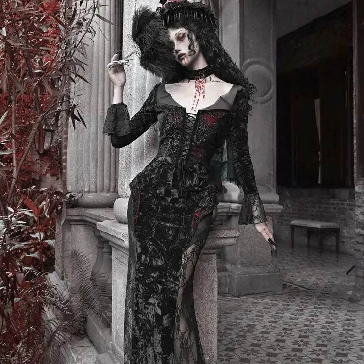 Blood Supply Original Design Vampire Black Red Dress Lace Patch Gothic Velvet Trumpet Long Sleeve X-Long Dress Halloween Coven Couture Collective