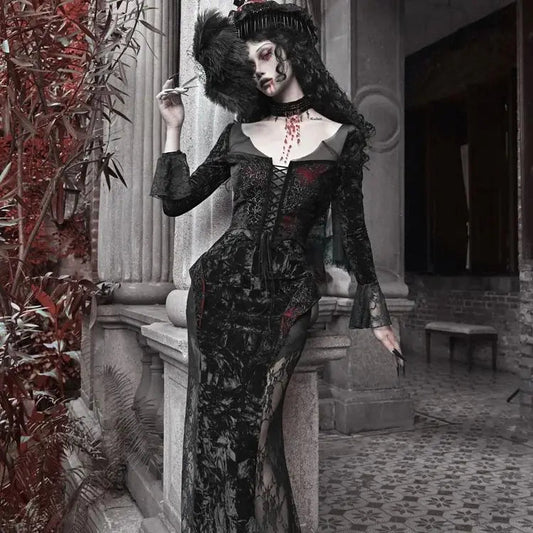 Blood Supply Original Design Vampire Black Red Dress Lace Patch Gothic Velvet Trumpet Long Sleeve X-Long Dress Halloween Coven Couture Collective