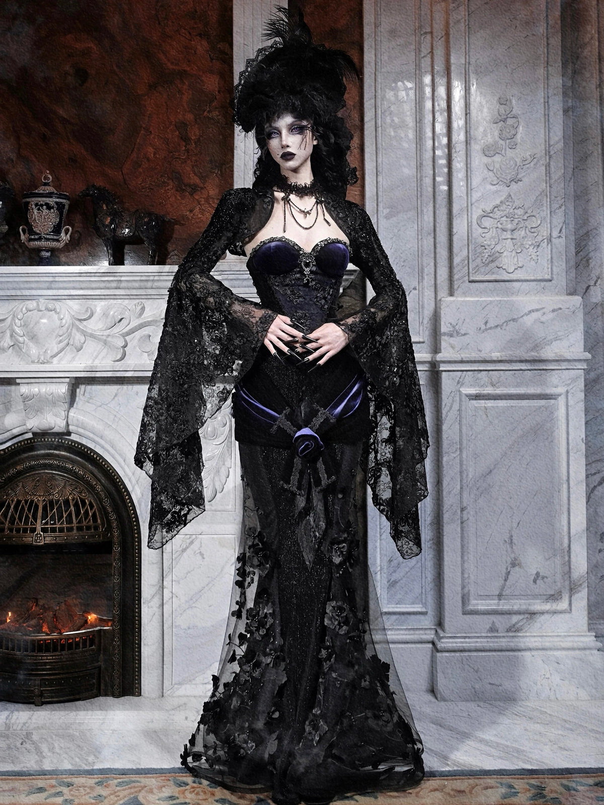 Blood Supply Original Design Gothic Luxury Embroid Mesh Patch Trumpet Skirt Rose X-long Halloween Velour Skirts Jupe Autumn Coven Couture Collective