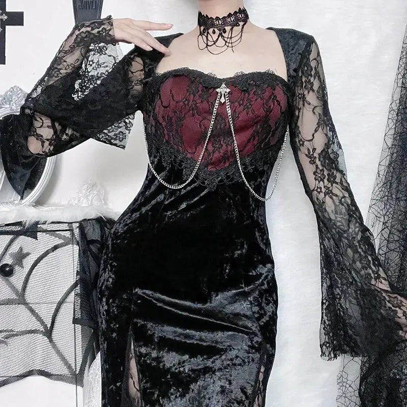 Goth Dark Elegant Mall Gothic Women Evening Dresses Grunge Aesthetic E-girl Velvet Midi Dress Lace Splice Sexy Split Alt Outfits Coven Couture Collective
