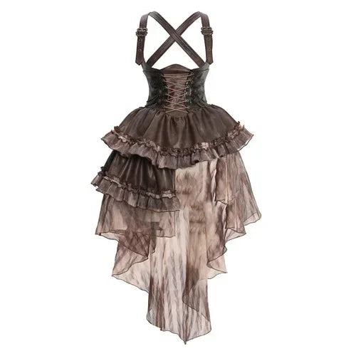 Blood Supply Original Dark Steampunk Asymmetric PU Autumn Maillard Chest Strap Trail Dress Brown Light Lolita Suspender Dress Coven Couture Collective