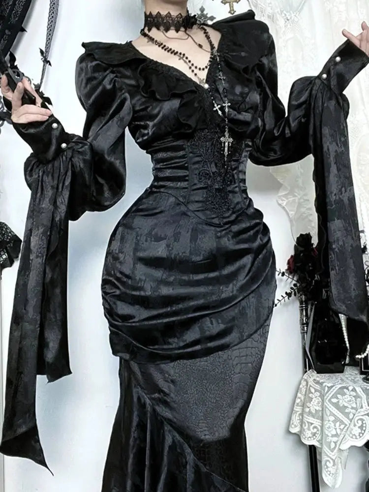AltGoth Vintage Gothic Black Shirts Women Palace Style Streetwear Y2k E-girl Harajuku V-neck Ruffle Long Sleeve Bluose Cosplay Coven Couture Collective
