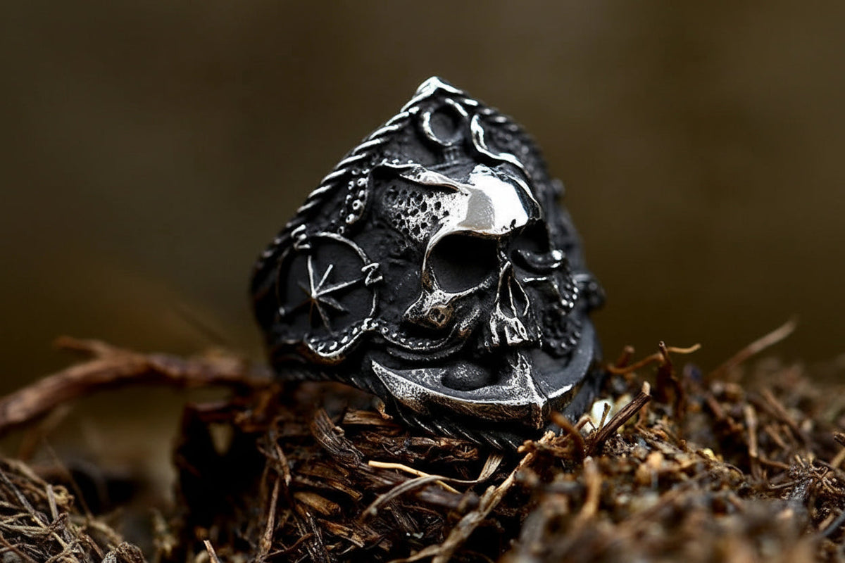 Antique Style Stainless Steel Men's Ring with Skull Octopus Design Gemstone Inlay Retro Punk Gothic Biker Fashion Jewelry Coven Couture Collective
