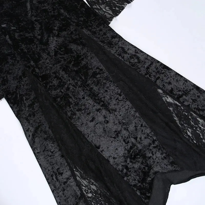 Goth Dark Elegant Mall Gothic Women Evening Dresses Grunge Aesthetic E-girl Velvet Midi Dress Lace Splice Sexy Split Alt Outfits Coven Couture Collective