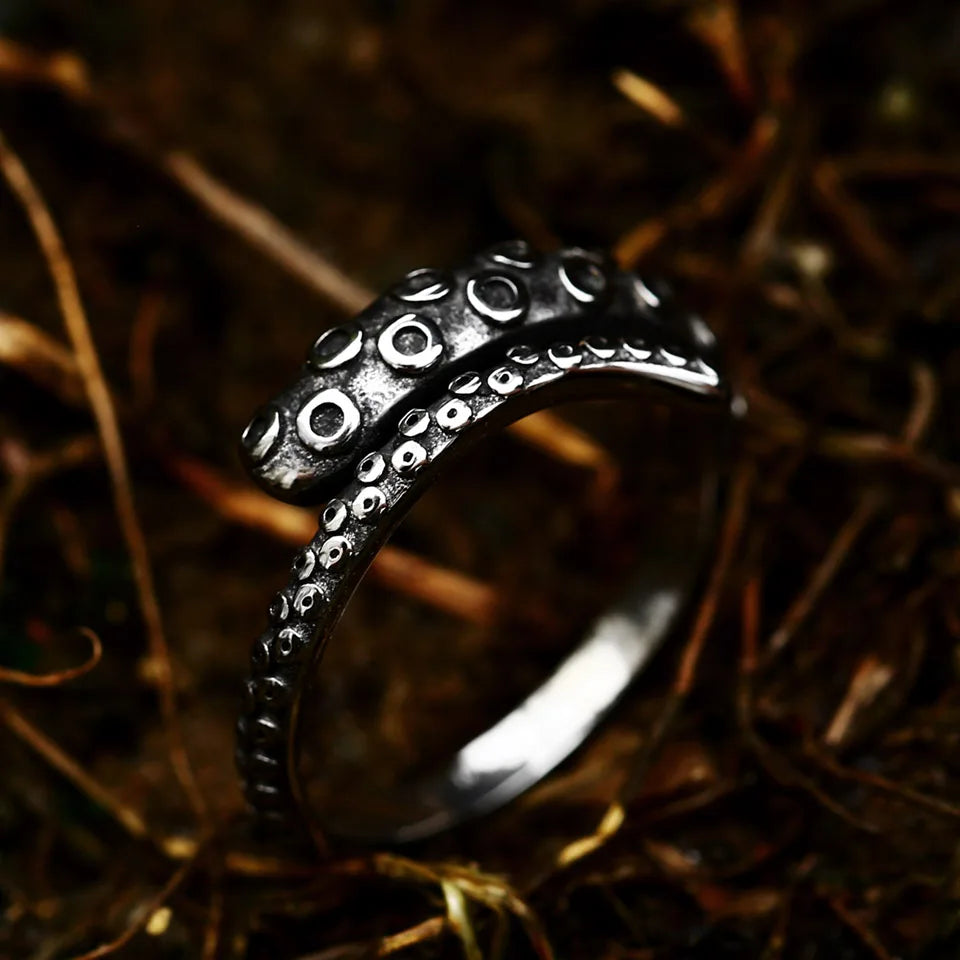 Antique Style Stainless Steel Men's Ring with Skull Octopus Design Gemstone Inlay Retro Punk Gothic Biker Fashion Jewelry Coven Couture Collective