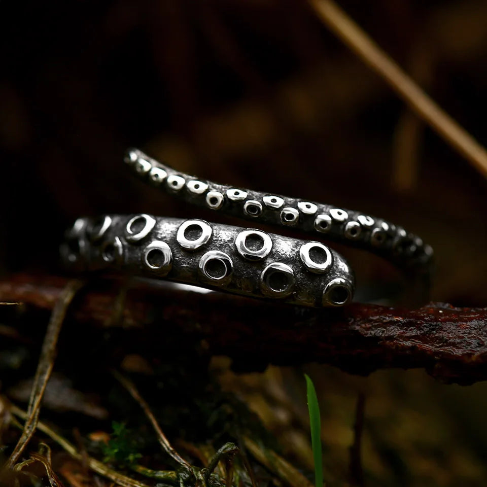 Antique Style Stainless Steel Men's Ring with Skull Octopus Design Gemstone Inlay Retro Punk Gothic Biker Fashion Jewelry Coven Couture Collective