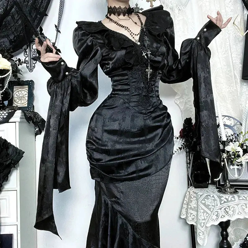 AltGoth Vintage Gothic Black Shirts Women Palace Style Streetwear Y2k E-girl Harajuku V-neck Ruffle Long Sleeve Bluose Cosplay Coven Couture Collective