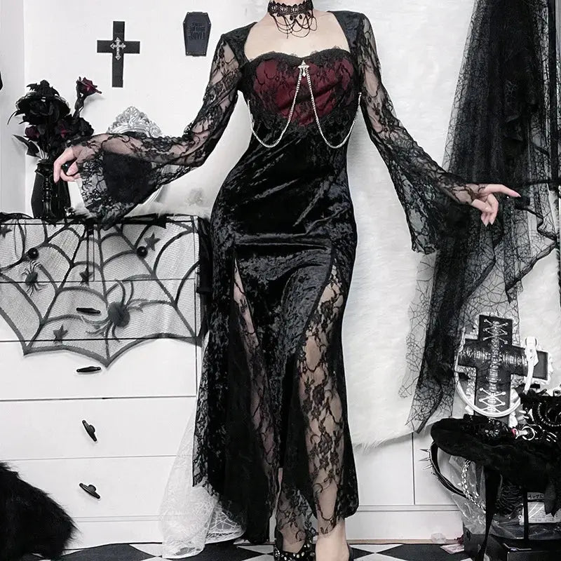 Goth Dark Elegant Mall Gothic Women Evening Dresses Grunge Aesthetic E-girl Velvet Midi Dress Lace Splice Sexy Split Alt Outfits Coven Couture Collective