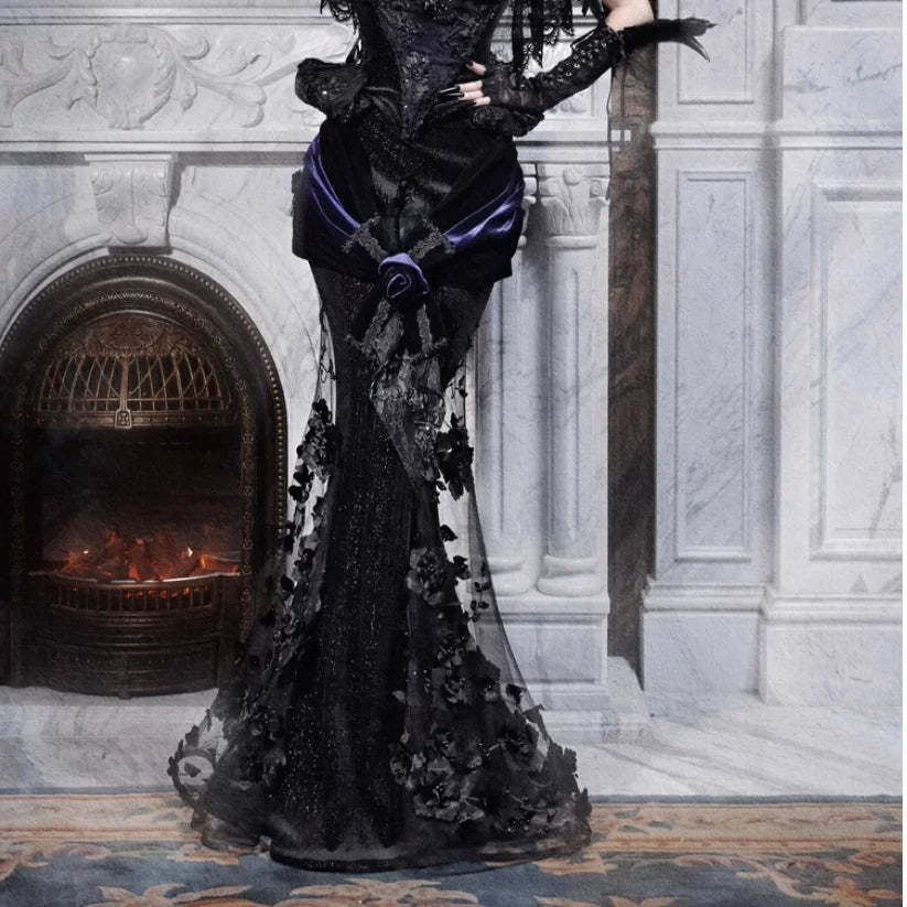 Blood Supply Original Design Gothic Luxury Embroid Mesh Patch Trumpet Skirt Rose X-long Halloween Velour Skirts Jupe Autumn Coven Couture Collective