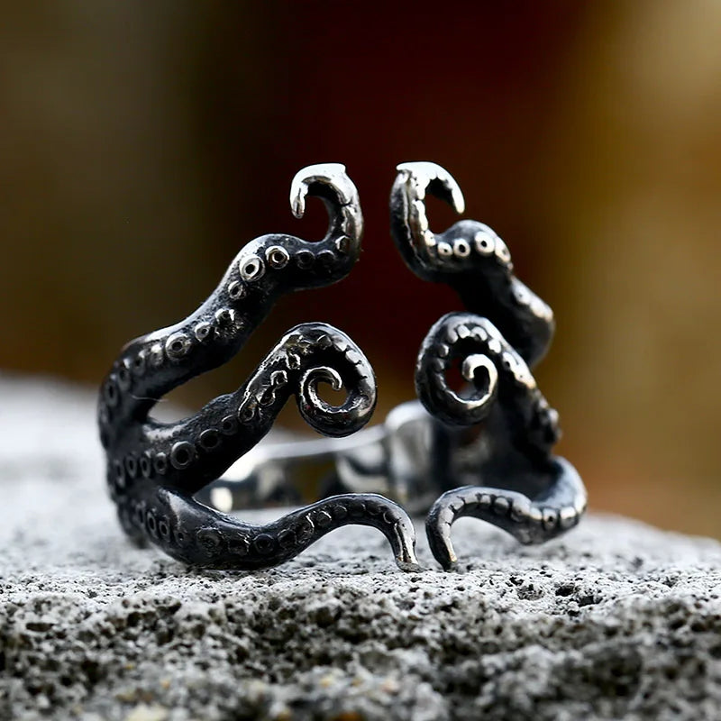 Antique Style Stainless Steel Men's Ring with Skull Octopus Design Gemstone Inlay Retro Punk Gothic Biker Fashion Jewelry Coven Couture Collective