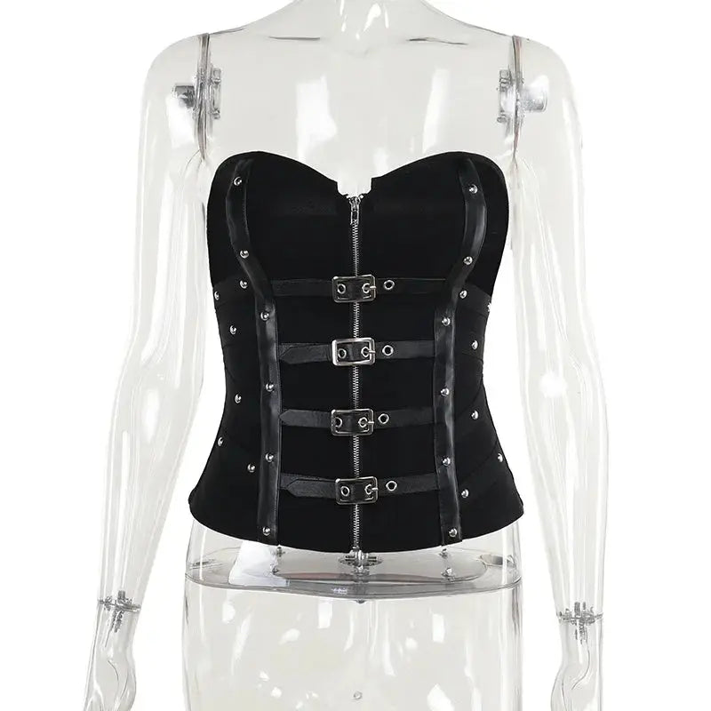 Goth Dark Punk Grunge Leather Buckle Strapless Corset Tops Mall Gothic Zip Women Tupe Top Y2K Coquette Streetwear Alt Tanks Vest Coven Couture Collective