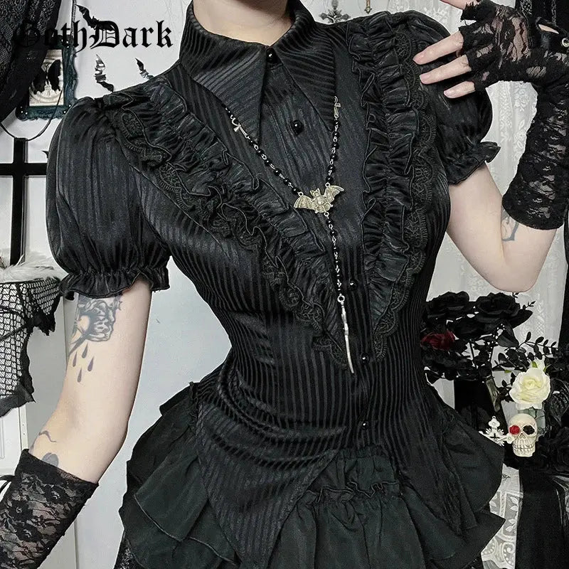 Goth Dark Kawaii Black Short Sleeve Buttons Shirt Lace-up Blouses Mall Gothic Slim Lapel Collar Stripe Shirts Women Alt Techwear Coven Couture Collective