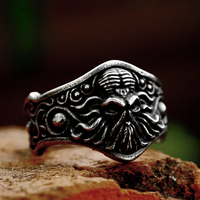Antique Style Stainless Steel Men's Ring with Skull Octopus Design Gemstone Inlay Retro Punk Gothic Biker Fashion Jewelry Coven Couture Collective
