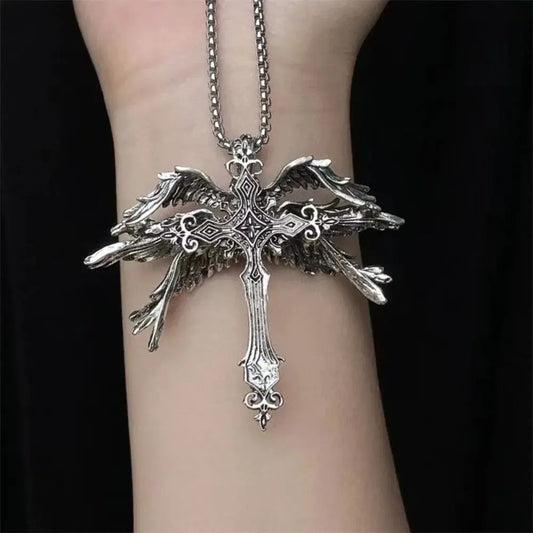 Retro Gothic Jesus Wings Cross Pendant Necklace Jewelry for Men Women Large Vintage Dark Punk Religious Amulet Necklaces Gifts Coven Couture Collective