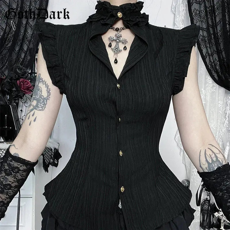 Goth Dark 90s Grunge Single Breasted Slim Wasit Shirt Blouses Women Alt Teachwear Mall Gothic Stringy Selvedge Sleeveless Shirts Coven Couture Collective