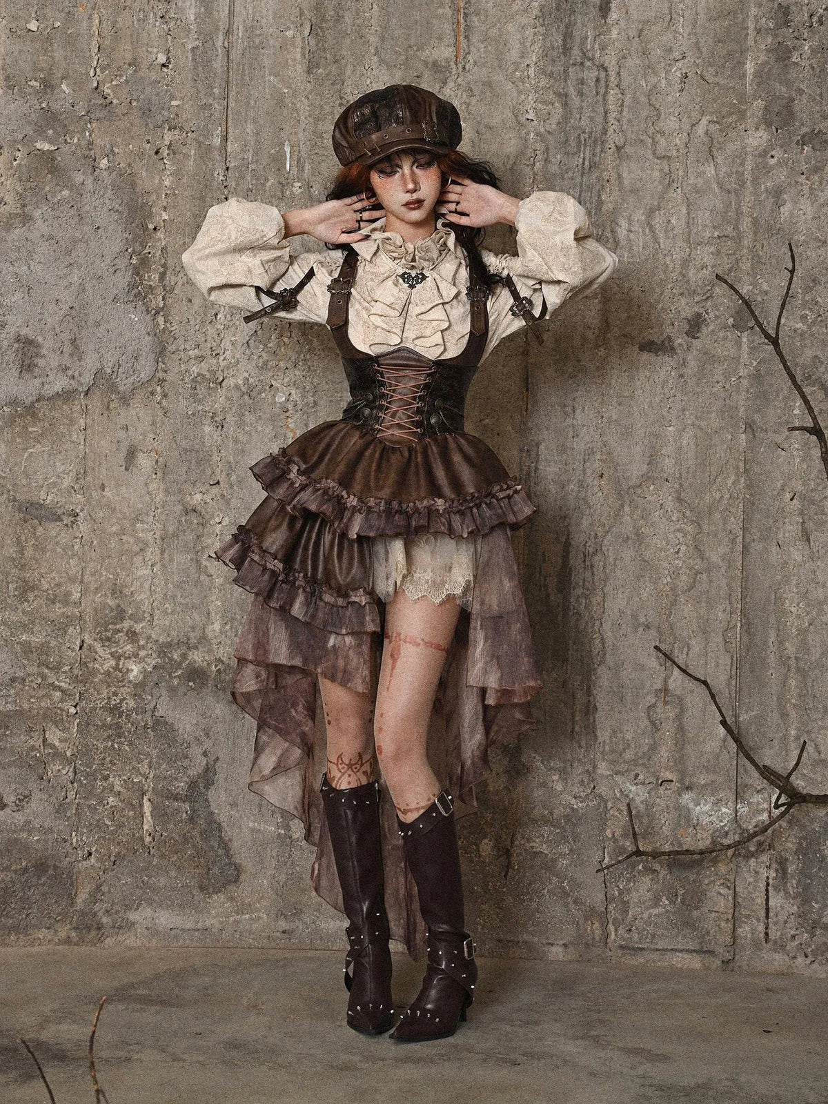Blood Supply Original Dark Steampunk Asymmetric PU Autumn Maillard Chest Strap Trail Dress Brown Light Lolita Suspender Dress Coven Couture Collective