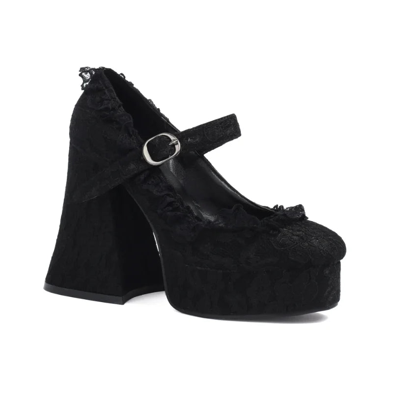 Waterproof Platform High Heels with Thick Sole Mary Jane Flats Elegant Lace Edged Single Shoes for Adults Pointed Toe Patchwork Design Coven Couture Collective