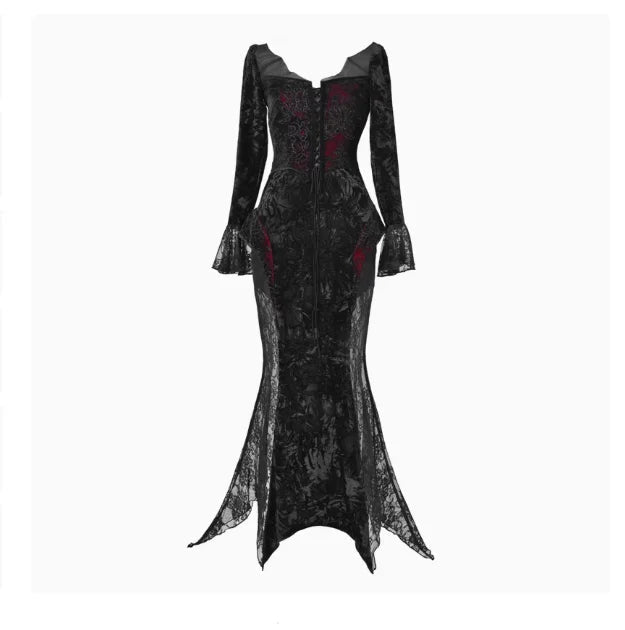 Blood Supply Original Design Vampire Black Red Dress Lace Patch Gothic Velvet Trumpet Long Sleeve X-Long Dress Halloween Coven Couture Collective