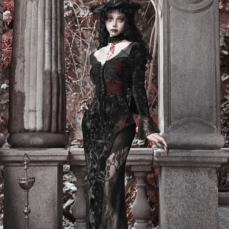 Blood Supply Original Design Vampire Black Red Dress Lace Patch Gothic Velvet Trumpet Long Sleeve X-Long Dress Halloween Coven Couture Collective