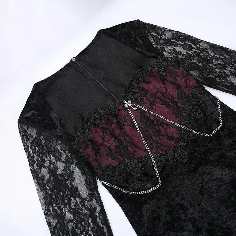 Goth Dark Elegant Mall Gothic Women Evening Dresses Grunge Aesthetic E-girl Velvet Midi Dress Lace Splice Sexy Split Alt Outfits Coven Couture Collective