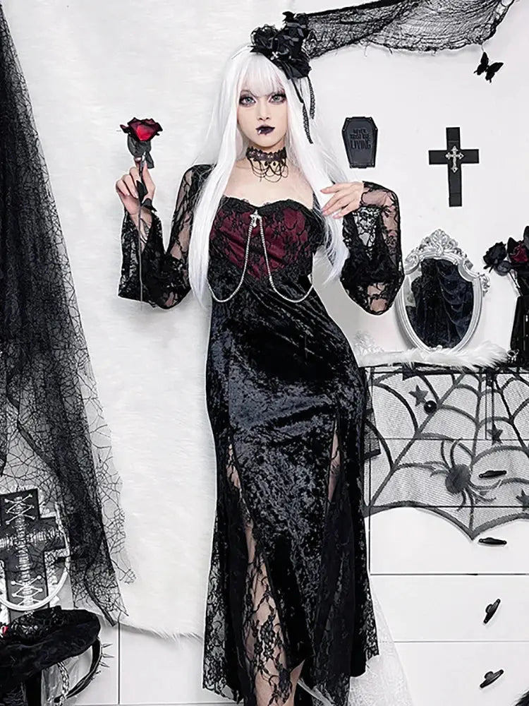 Goth Dark Elegant Mall Gothic Women Evening Dresses Grunge Aesthetic E-girl Velvet Midi Dress Lace Splice Sexy Split Alt Outfits Coven Couture Collective