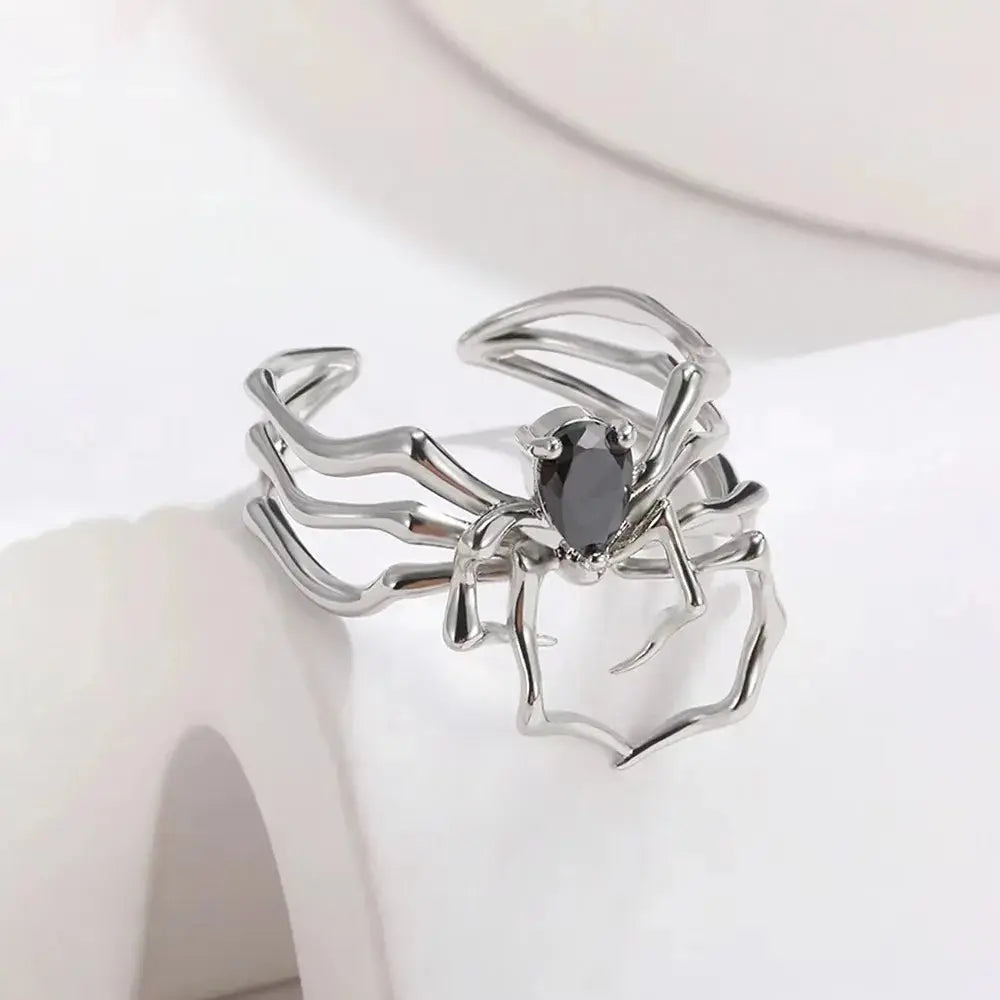 Punk Spider Rings for Women Silver Color Dark Retro Black Gem Spider Ring Hip-Hop Halloween Jewelry Accessories Coven Couture Collective