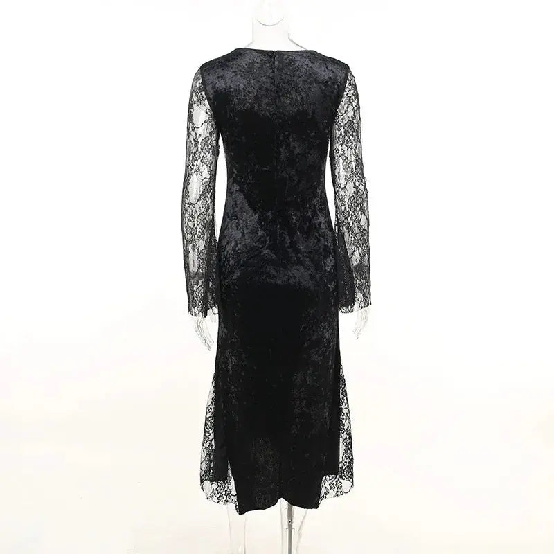 Goth Dark Elegant Mall Gothic Women Evening Dresses Grunge Aesthetic E-girl Velvet Midi Dress Lace Splice Sexy Split Alt Outfits Coven Couture Collective
