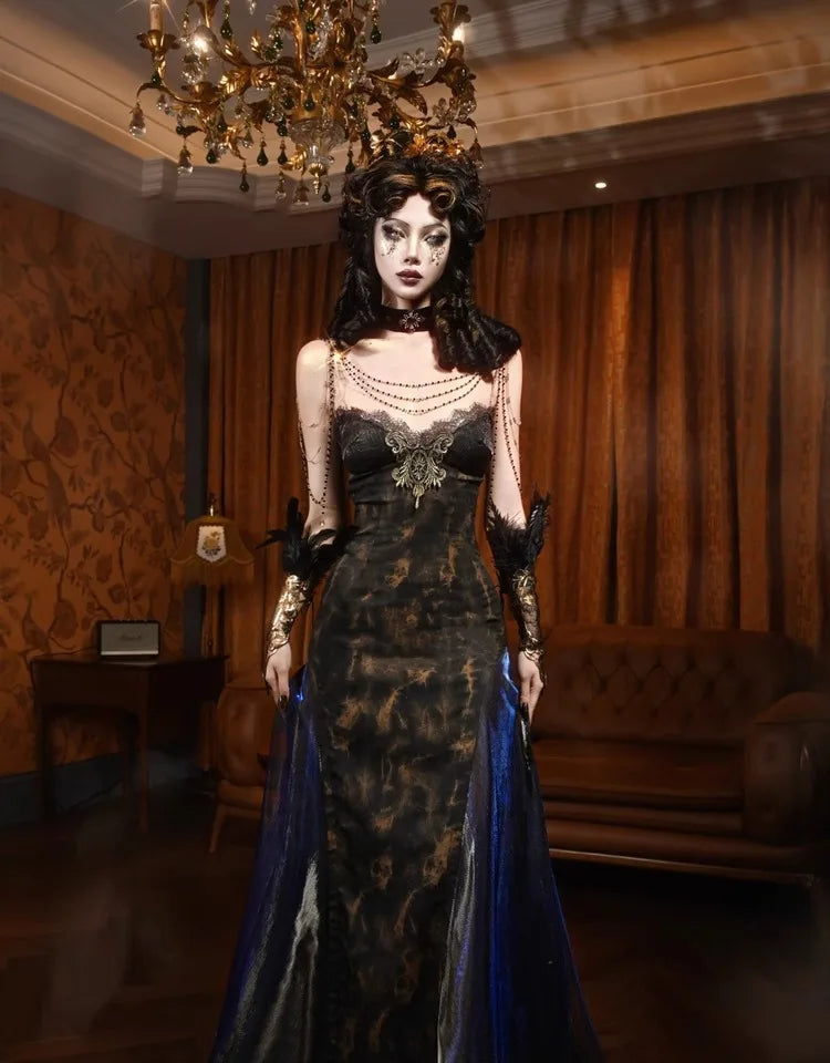 Blood Supply Original Gothic Golden European-style Classic Slim-fitting Sexy Big-flared Gorgeous Slip Dress Vestidos Coven Couture Collective